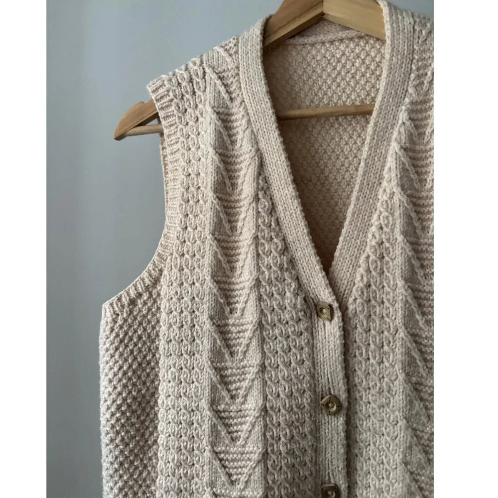 1990s Handknit Wool Vest | Vintage Cream Sweater Vest - Picture 3 of 4